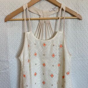 Miss Me tank top with embroidery details. Orange/Cream. Small